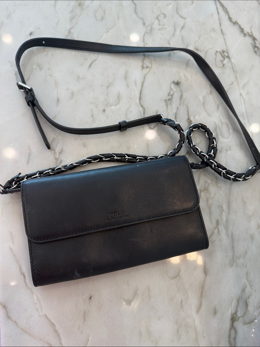 Vintage Polo by Ralph Lauren Black Leather Chain-Accent Crossbody